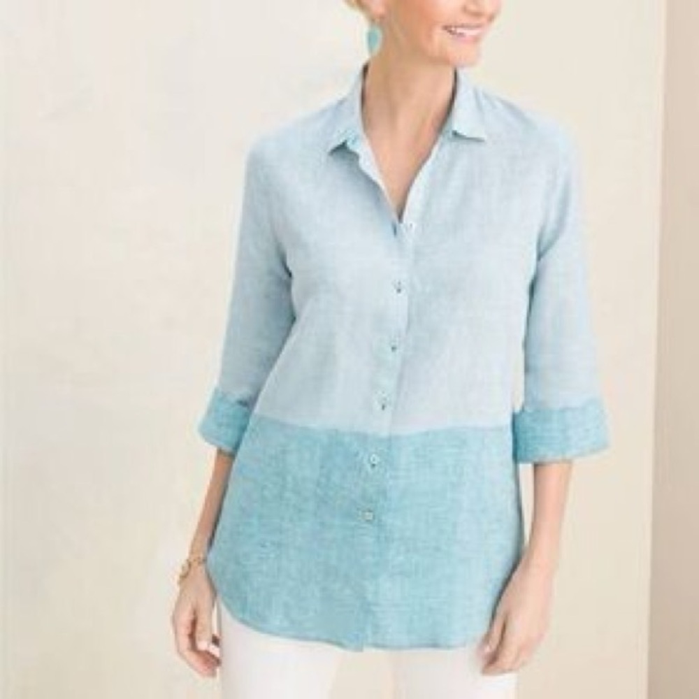 Chico’s Freshchic No Iron Linen Blue Colorblock Button Down Top Treasured Teal